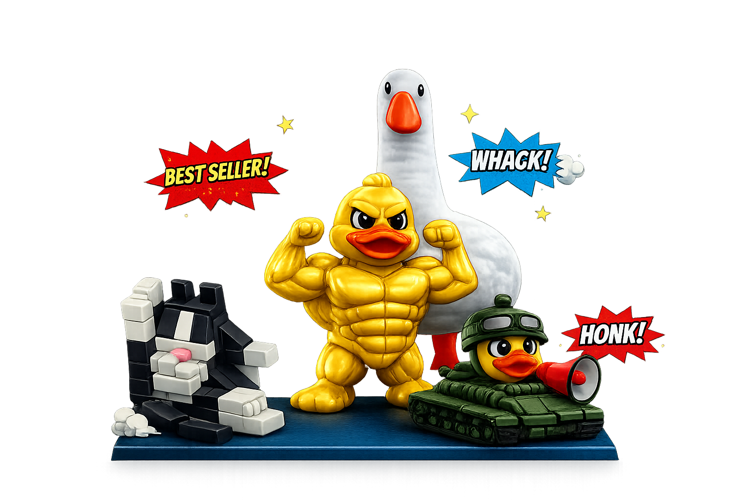 Muscle Duck, Goose, Cat and Tank Duck novelty figures